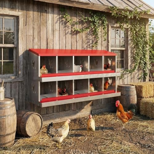 GarveeLife 10 Compartment Chicken Nesting Box, Nesting Boxes for Chickens, Metal Chicken Laying Boxes with Perch, Secure Lid, Versatile Wall Mount or Free Standing for Hens, Red - color: red, size: 10 grids