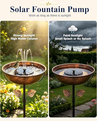 Metal Bird Bath with Solar Fountain for Outside, 3" Deep Removable Bowl Easy to Clean, Solar Powered Birdbaths with 5-Prong Stake, Outdoor Solar Bird Bath for Yard Lawn Decor, 1.4 Gallon