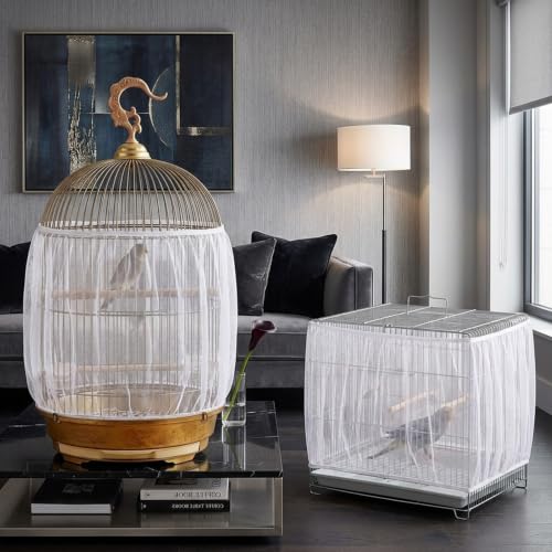 2 Pcs Bird Cage Cover Universal Bird Cage Seed Catcher, Breathable Nylon Mesh Net Cover Adjustable Soft Airy Cages Net Stretchy Skirt for Round Square Cages