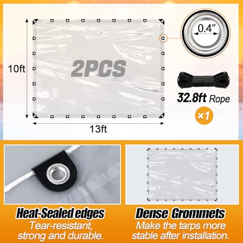 10x13ft Anti-Tear Clear Tarp Waterproof - 2pcs Windproof Poly Tarpaulin, Heavy Duty Transparent Enclosure with Grommets for Covering Chicken Coops Greenhouse Garden Plants - size: 10x13ft