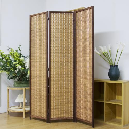3 Panel Bamboo Room Divider Screen,5.6 FT Tall Bamboo Divider Folding Panel Screen,Freestanding Panel Divider for Room Seperation,Brown - color: Brown, size: 3 Panel