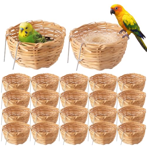 SiliFine 20 Pack Handmade Bird Nest for Cage, Bamboo Opened Finch Nest, Hanging Canary Hatching Breeding Cave House with Metal Hook for Budgie Parakeet Cockatiel Small Bird Garden Yard Decor