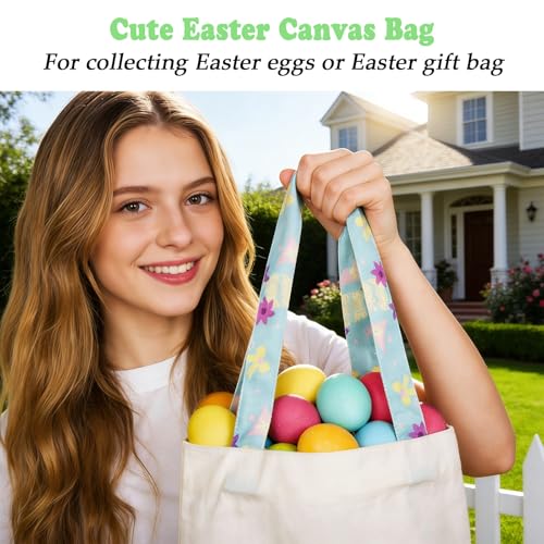 Easter Basket Bunny Canvas Tote Bag, 12.2x11 Inches, Natural Canvas, Hand-Carry, for Gift and Easter Egg Collection - color: A-bunny