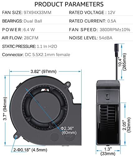 GDSTIME 97mm x 33mm 12V DC Blower w/Speed Controller 110V 120V AC Powered | Dual Ball Bearing, Small Brushless, Squirrel Cage, Centrifugal Fan, for DIY Cooling Ventilation Exhaust Projects - 9733 - size: 97x33mm
