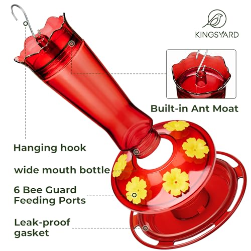 Kingsyard Glass Hummingbird Feeder for Outdoors Hanging, 14 oz Leak-Proof Humming Bird Feeders with Ant Moat & Bee Proof Feeding Ports, Hummingbird Gift for Bird Lovers (Red) - color: Updated Red