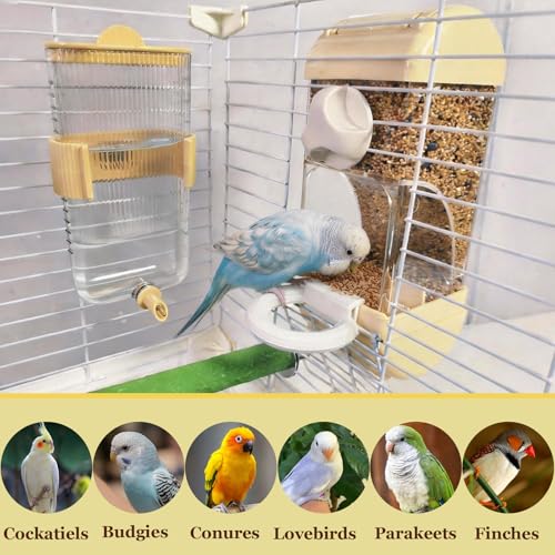 Automatic Bird Feeder Waterer Kit Bird Cage Hanging Waterer Parakeet Leak-Proof Feeder Parrot Vegetable Clips Cage Accessories for Budgies Lovebirds Finches Canaries Parrotlets Conures (Yellow) - color: Yellow