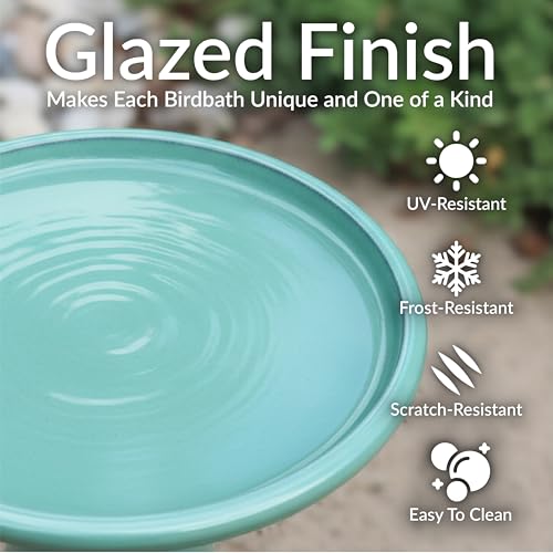 Sunnydaze Hand-Painted Ceramic Outdoor Bird Bath for Garden, 21” H, Seafoam | UV & Frost-Resistant Mineral Glazed Finish, 1 Gal Water Cap, Easy Assembly, Pedestal Bird Bath for Outside, Ceramic Birdbath