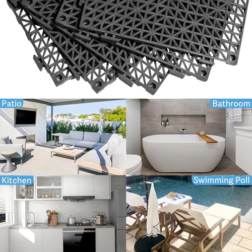 12” x 12” Drainage Interlocking Floor Mats 8 Pack for Outdoor and Indoor | Non-Slip Pool Deck Drain Mats Soft PVC Splicing Modular Cushion Rubber Flooring Tiles with Holes for Basement Garage Shed - size: Black