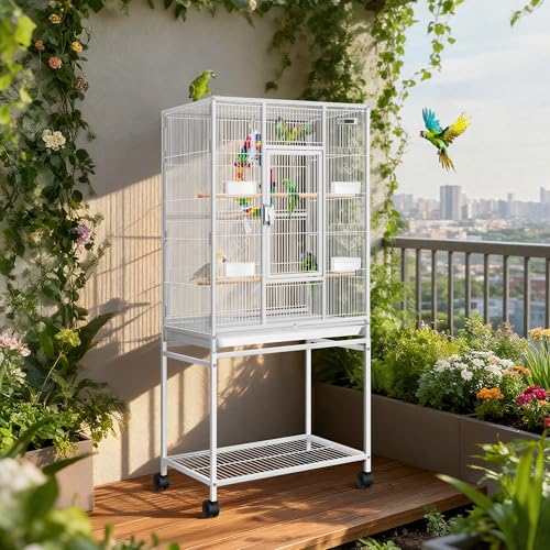 VIVOHOME 54 Inch Wrought Iron Large Bird Cage with Rolling Stand | Bird Flight Cage with Stand, Casters, Slide-out Tray for Parakeets Canaries Parrot Cockatiels Lovebirds Conures, Whtie - color: White