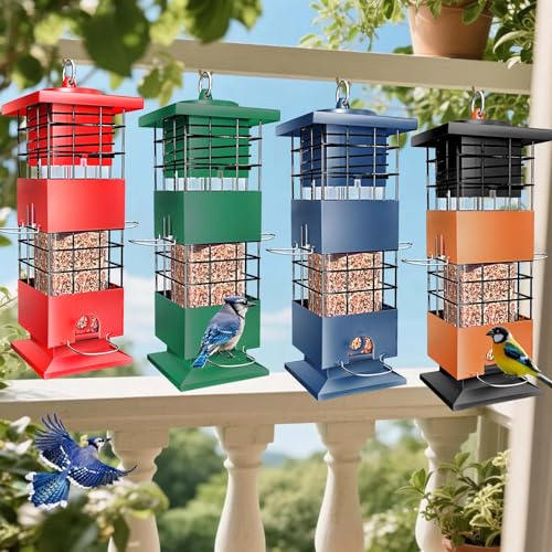 Squirrel Proof Bird Feeder,3.5Lbs Metal,4 Hanging Ports for Cardinal Finch | Weight-Activated Shutoff Blocks Squirrels & Pigeons.Chew-Proof Build For All Weather.Large Capacity,Fast Refilling & Cleaning - color: Blue