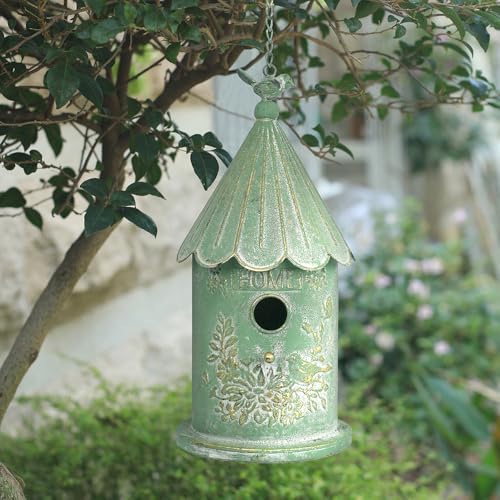 Metal Hanging Birdhouses for Outdoors Bird Houses for Outside Unique Bird Nest for Bluebird Wren Chickadee Sparrow Bird Nest Box for Garden Patio - color: Green