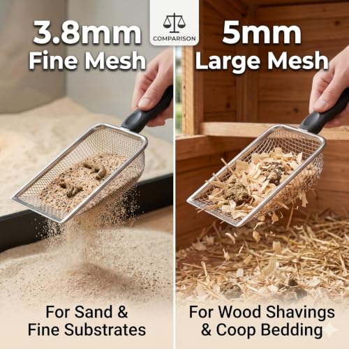 2 Pack Chicken Poop Scooper for Coop, Metal Mesh Sifters, 3.8mm & 5mm | 4-inch rake and scoop tools sift chicken poop, sand, litter and bedding; dual mesh sizes make daily coop cleaning easier.