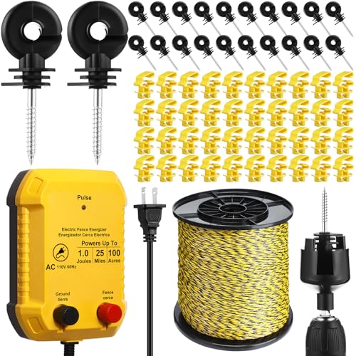 Electric Wire Fence Kit, 25 Mile 110VAC 1 J Plug in Fence Charger with 3366 FT Polywire, 40 T Post Insulators, 20 Screw in Insulators for Pasture Farm Horse Cattle Poultry Fencing - size: 3366FT, style: 1J