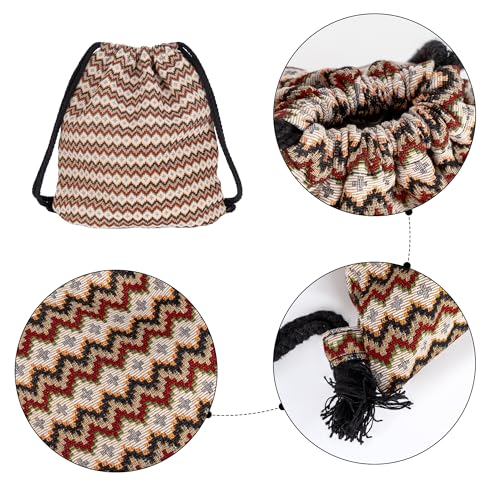 Van Caro Bohemian Drawstring Backpack Light Cinch Bag Gym Sack String Bag - color: D-white