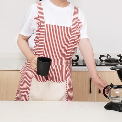 Cute Cotton Apron for Women, Adjustable Bib Cooking Kitchen Aprons with Pockets for BBQ Drawing Baking - color: Red