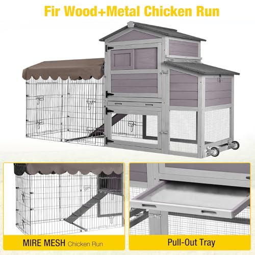 80.5’’ Outdoor Chicken Coop, Mobile Chicken Tractor with Wheels, Large Poultry Hen Cage with Nesting Box, Waterproof Roof and Sliding Out Tray, Wooden Chicken House for 2-4 Chickens - color: Grey, size: 79.1"L x 25.2"W x 43.6"H