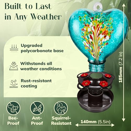 Hand Blown Glass Hummingbird Feeder for Outdoors All Season Use - 28 Fl. Oz. Leak Proof Hummingbird Feeder with Rust Proof Base - Includes Ant Moat, Ant & Bee Proof (Teal) - color: Teal