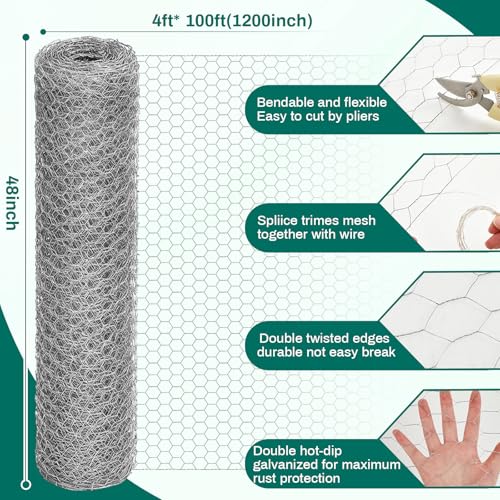 GlikCeil 48 in x 100 ft Chicken Wire Fencing Mesh, Metal Floral Chicken Wire for Floral Arrangements, 0.6 Inch Hexagonal Galvanized Poultry Netting for Garden, Coop Barrier, Duck Rabbit Cage(Silver) - color: Silver, size: 48 in X 100 ft