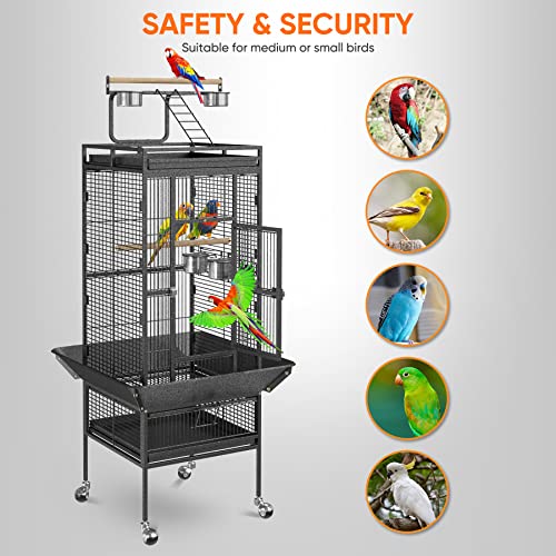 61 inch Iron Bird Cage, Play Top Parrot Cage with Rolling Stand for Parrot Cockatiels Parakeet Cage Macaw Finch Cockatoo Perch Pet House, Black - size: 25.6"L x 25.6"W x 61.0"H