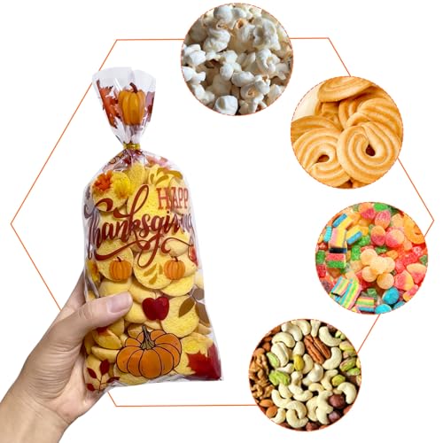 QOIUSO 100PCS Thanksgiving Treat Bags with 110 Twist Ties – Fall Cellophane Gift Bags for Cookies, Candy, Snacks, and Party Favors – Pumpkin, Turkey & Maple Leaf Thanksgiving Goodie Bags for Kids - color: Thanksgving-100pcs