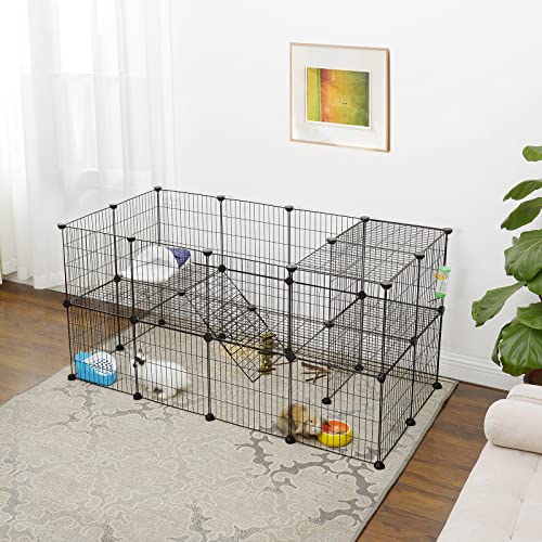 SONGMICS Pet Playpen, Small Animal Playpen, Rabbit Guinea Pig Cage, Zip Ties Included, Metal Wire Apartment-Style Two-Story Pet Premium Villa for Bunnies Puppies, Indoor Use, Black ULPI02H - color: Black, size: 56.3"L x 28.7"W x 28"H