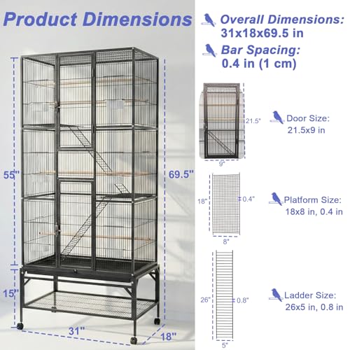 69.5 Inch Large Bird Cage, Parakeet Flight Cage with Rolling Stand, Storage Shelf, Tray, Perches, Feed Bowls, Extra Large Parrot Cage for Macaw, Cockatiel, Budgie, Conure, Lovebird & Finch