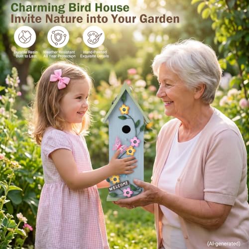 Yinns Hanging Birdhouse, Garden Decorative Wooden Bird House for Outdoor | Hanging Bird Houses for Outdoor, Colorful Flower Two-Tiered for Humming Bird, Bluebird, Wren Nesting - color: E-Two-Tiered Wood
