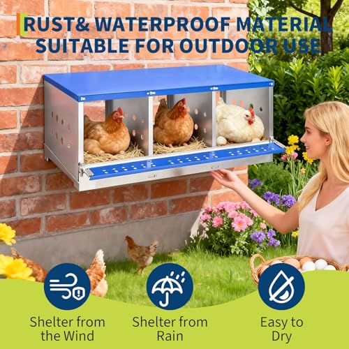 GarveeLife 3 Compartment Chicken Nesting Box,Heavy Duty Galvanized Steel Rustproof Laying Box for Hens Ducks,Anti-Peck Rustproof Nest Boxes 37.8" l x 18.9" w x 15.75" h Blue