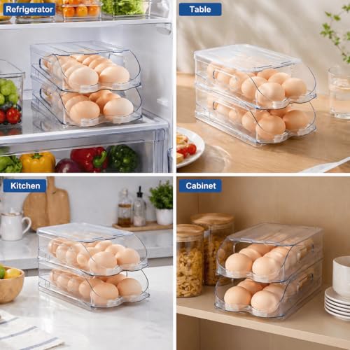 SMRCAD 24-Egg Dispenser with Silicone Bumpers, Auto-Rolling, Stackable | BPA-free food-grade PET | Stackable with lid | Built-in handle | Fits Large to Jumbo Eggs | Hand wash only - size: 2 Layer Holder 24 Eggs (M SIZE)
