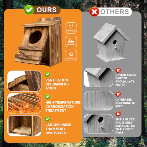 Owl Houses for Outdoors， 16.1x11.8x9.5 inch Large Carbonized Barred Owl Nesting Box, Waterproof & Ventilated Design, Ideal for Owls, Wildlife, Garden Decoration