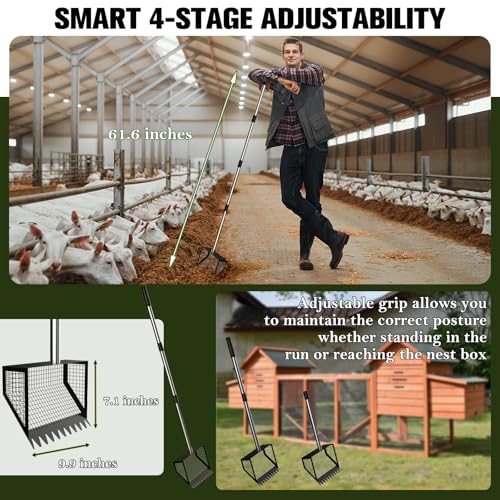 Paulno Chicken Coop Rake and Scoop 2-in-1 Chicken Poop Scooper | 62" Adjustable, Stainless Steel Sifting Shovel, For Sand, Animal Waste, Heavy Duty Dog Pooper Scooper, For Coops & Pets