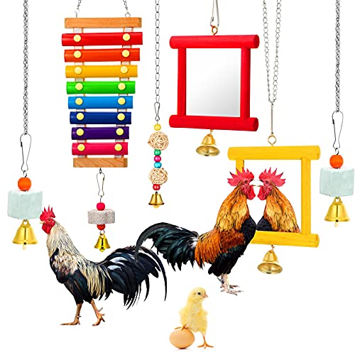 Sumind 6 Pieces Chicken Mirror Chicken Toys for Coop with Bells, Hen Xylophone Toy with 8 Metal Keys, Parrot Grinding Stone, Sepak Takraw Toy, Dangling Bird Toy