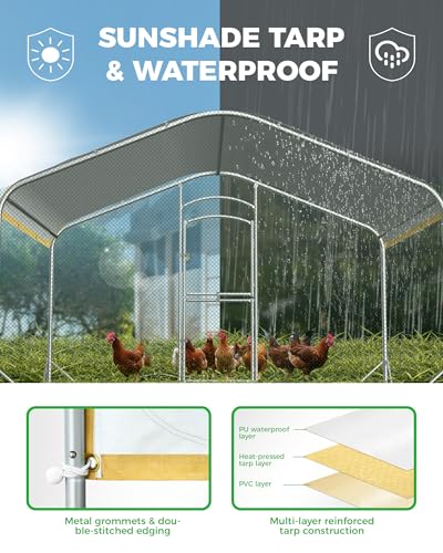 Large Metal Chicken Coop with Run, 12.6FT Walk-in Chicken Run for Yard with Waterproof & Anti-UV Cover, Spire Roof Outdoor Poultry Cage for Chickens Ducks Rabbits Backyard Farm with Ladder