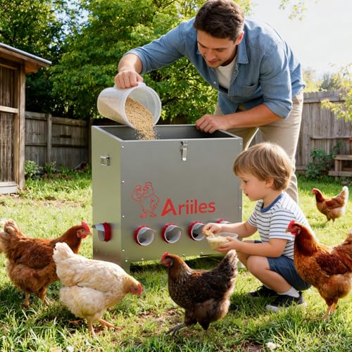 Automatic Chicken Feeder Box, 120lb Capacity, 10 No-Waste Ports, Metal Poultry Feeder with Covered Lid & Elevated Stand, Feed Dispenser for Chickens, Ducks & Backyard - size: 120 LB