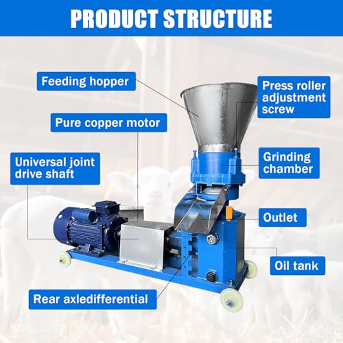 110V Feed Pellet Mill Machine 3 Head Rollers Pellet Maker Machine | for Chicken Duck Poultry Livestock Farm Animal, 200KG/H, 5.5KW, w/Air Switch, Splash Plate, 2.5/3/4/5/6/8mm Grinding Discs