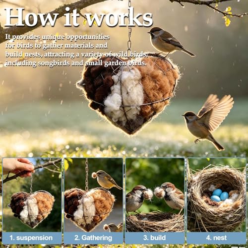 2 Pack Bird Nesting Material Holder Outdoor Hanging Bird Nest with Natural Fiber Refillable Nesting Station - Garden Bird Nest Supply for Attracting Wild Birds Yard Patio Decor