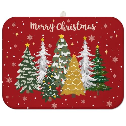 Christmas Kitchen Countertop Dish Drying Mat, Red Christmas Tree Snowflake Pattern Microfiber Kitchen Drying Mat, Washable Absorbent Countertop Xmas Winter Holiday Dish Mat Drainer,18x24Inch - color: christmas, size: 18" x 24"