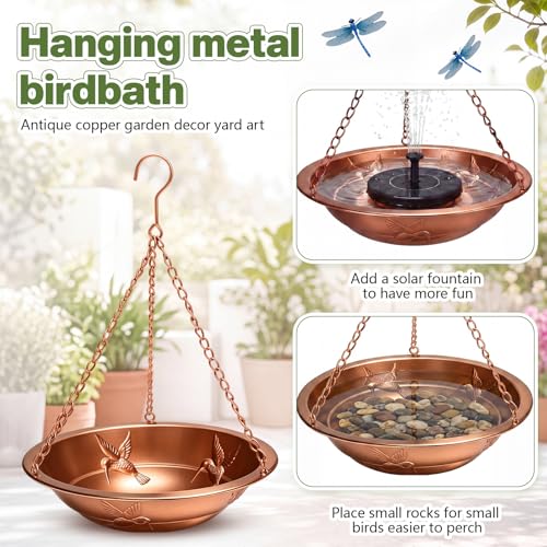 2 Pcs Hanging Bird Bath for Outside, 11.5" Antique Copper Metal Bird Feeder Birdbath Bowl with Rust-Proof Chains Simulated Dragonfly for Outdoor Garden Backyard Patio Yard Decor