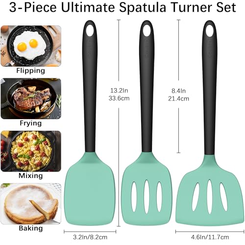 Coukre 3 Pack Silicone Spatula Set, Heat Resistant to 500°F, BPA-Free | Fish Spatula, Solid & Slotted Turners, Dishwasher Safe, Spatula Set for Eggs, Pancakes, Fish & Burgers, AquaGreenBlack - color: AquaGreenBlack