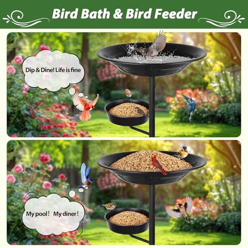 Bird Bath for Outside, Metal Freestanding Birdbaths with Bath Bowl and Seed Bowl, Hummingbird Feeders for Outdoors Garden Patio Yard Lawn Decor, Black, Gifts for Mom Dad, Gifts for Women Men