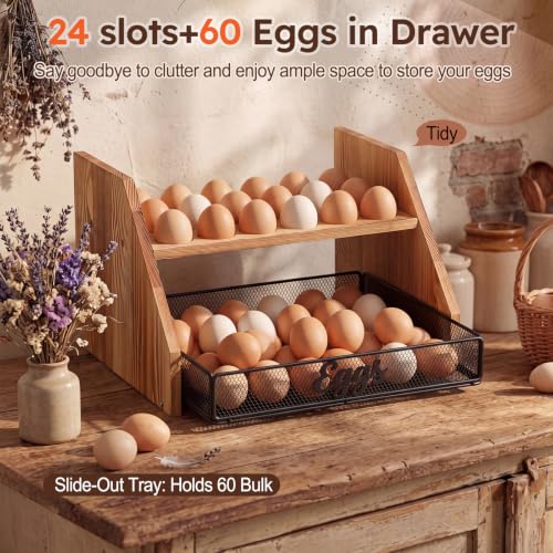 LemonRoad Wooden Egg Holder Fresh Egg Holders with Wire Basket Organizer for Countertop 24+60 Eggs Rustic Kitchen Organizer Basket for Gathering Fresh Chicken/Duck/Quail/Turkey Eggs (Wood Color) - color: Wood Color