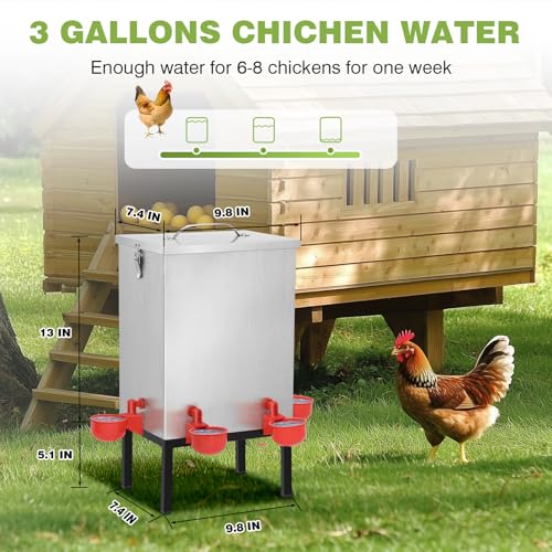 3 Gallons Chicken Waterer,Stainless Steels Automatic Chicken Waterer with Latch and Bottom Bracket，Poultry Watering 4 Water Cups Chicken Feeder Waterer and 4 Horizontal Automatic Chicken Nipples