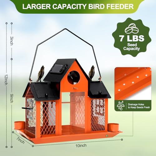Solar Bird Feeders for Outdoors Hanging, Bird Houses for Outside | Orange,Wild Metal Bird Feeder,7LBS Large Capacity with Water Cup,Squirrel Proof Cardinal Bird feeder,Gift for Bird Lovers - color: Orange