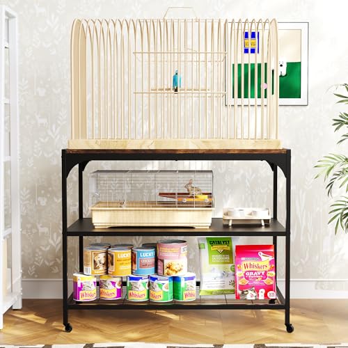 3-Tier Mobile Small Animal Cage Stand with Wood Tabletop, Lockable Caster Wheels, Storage Shelves for Small Animal Habitat for Hamster, Rabbit, Guinea Pig, Furniture Style Design