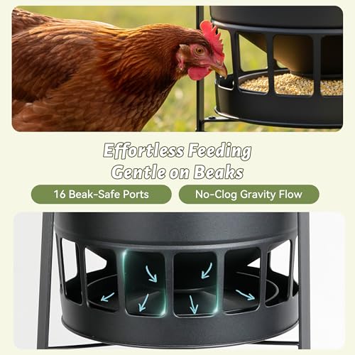 KOL Chicken Feeder No Waste for Coop & Outdoors, 16 Port 50lbs Poultry Feeder with Spill-Control Design, Rust-Proof Powder Coated Metal & Smooth Safe Edges (Black) - color: Black