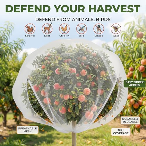 SATINIOR 2 Pcs 15x15ft Large Fruit Tree Netting with Double Zipper Drawstring Bird Netting Fruit Tree Covers Garden Plant for Squirrels Birds Deer Bugs Cherry Blueberry Peach Apple Trees - size: 15x15ft