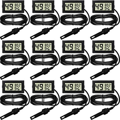 Weewooday 12 Pcs Digital Humidity Meter with Probe LCD Thermometer,Black | Fahrenheit Display for Incubator Reptile Brooder Greenhouse, Remote Sensor Probe, Accurate Monitor for Chicken Coop Plant - size: Black