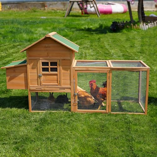 80” Chicken Coop, Waterproof Wooden Hen House for 2-4 Chickens, Outdoor Chicken House with Nesting Box, Removable Tray, PVC Cover, Run, for Garden Backyard Cage - size: 80.8"L x 26.0"W x 44.5"H