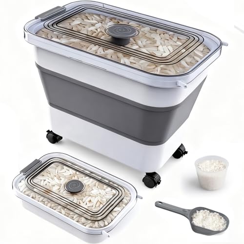 Rice Storage Container, Collapsible Airtight Food Storage Containers 20-30lbs with Clear Lid and Wheels, Rice Dispenser with Scoop for Flour Cereal Pasta Grain, Cat Pet Bird Dog Food Storage Container - size: 10-30 Lbs