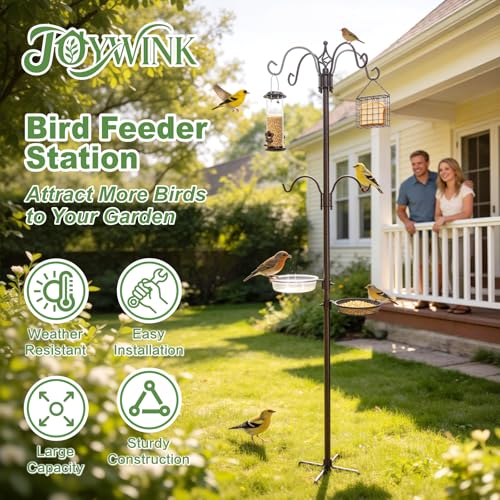 94" Bird Feeding Station Kit with Multiple Hooks, Heavy Duty Metal Bird Feeding Station with Seed Tray & Mesh Basket, Easy Assembly Ground Mounted Bird Feeder Pole for Garden Yard Outdoor - size: 94"Bird Feeding Station